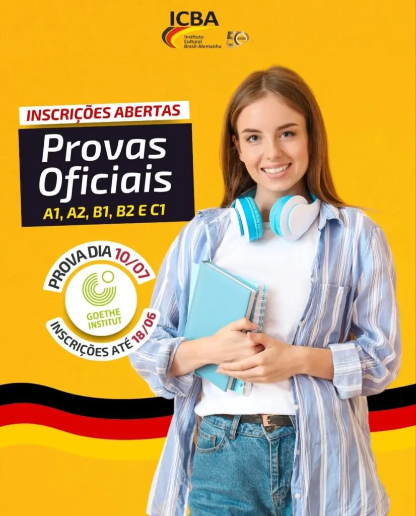 Atenção! Estão abertas as inscrições para as Provas Oficiais do Goethe Institut! 
Provas A1, A2, B1, B2 e C1
Inscrições até 18/06/2026 
Data das Provas: 10/07/2026. 
Interessados devem solicitar formulários para inscrição informando o nível da prova que desejam, exclusivamente pelo e-mail: secretaria@icbajoinville.com.br 
